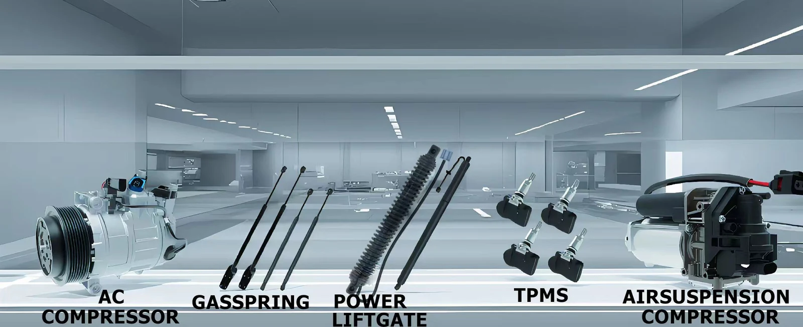 Supplied rendered banner illustrating A/C compressor, gas spring, power liftgate, TPMS and air suspension compressor products